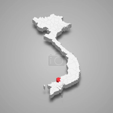 Tay Ninh region highlighted in red on a grey Vietnam 3d map