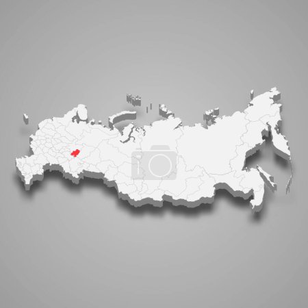Udmurtia region highlighted in red on a grey Russia 3d map