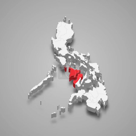 Western Visayas region highlighted in red on a grey Philippines 3d map