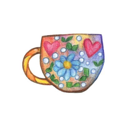 Foto de Acuarela y lápiz ilustración colorida de una taza. Taza arco iris positivo, lunares, flor y patrón de corazón. Alta calidad - Imagen libre de derechos