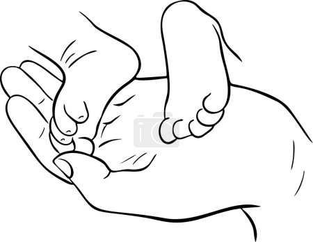 Foto de Dibujo de línea vectorial blanco y negro dibujado a mano de las piernas del bebé en la mano del padre. Estilo grabado. Estilo de tinta de línea. Ilustración vectorial - Imagen libre de derechos