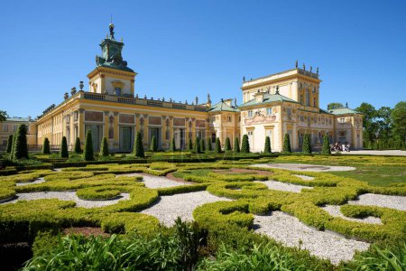 Photo for Historical palace at garden in Wilanow in european Warsaw city of Poland in Masovian voivodeship, clear blue sky in 2022 warm sunny spring day on May. - Royalty Free Image