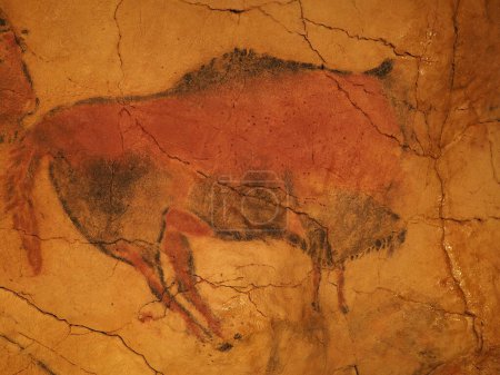 Prehistoric polychrome Magdalenian bison in Altamira cave at european Santillana del Mar town in Cantabria province in Spain in 2019 on September.