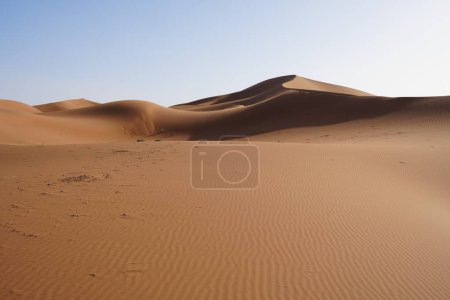 Téléchargez les photos : Vue sur la dune Erg Chigaga sur le désert du Sahara dans le sud-est africain MAROC, ciel bleu clair en 2023 chaude journée ensoleillée d'hiver en janvier. - en image libre de droit