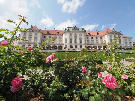 Beauty flowers and castle in european Warsaw capital city of Poland in Masovian voivodeship, cloudy blue sky in 2019 warm sunny summer day on July.