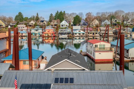 Photo for Floating homes and a marina community neighborhood in Portland Oregon. - Royalty Free Image