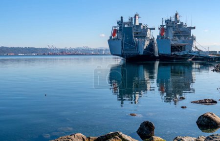 Photo for Military ships docked near a port of Tacoma Washington. - Royalty Free Image