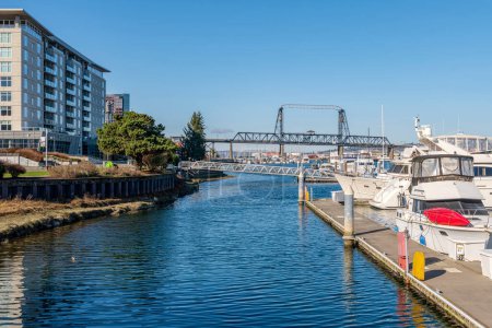 Photo for Tacoma waterfront marina and buildings Washington state. - Royalty Free Image