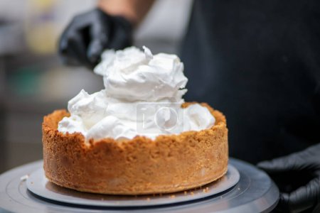 catering chef preparing key lime pie in pro kitchen