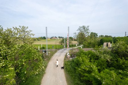 Photo for Aerial drone shot of a woman and dog walking in the countryside, near railroad in between rural fields and vegetation - Royalty Free Image
