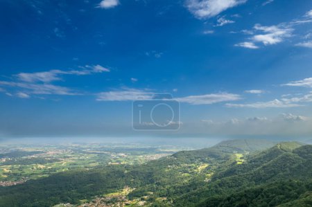 Photo for Aerial Scenic view from Val di Chy or Valchiusella, view of the Morainic Amphitheatre geological formation high res panorama - Royalty Free Image