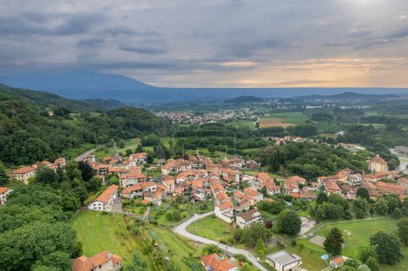 Photo for Drone aerial panorama of Colleretto Giacosa village near Ivrea in Piedmont, Italy, scenic view - Royalty Free Image