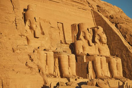 Front of the Temple of Ramesses II. Abu Simbel Temples. Popular Egyptian landmark. Ancient Egypt. Vacation destination. Historic site. Tours and sightseeing