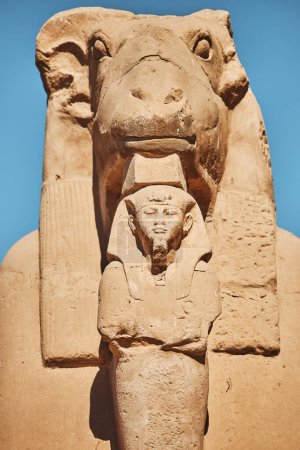 Widderkopf-Sphinx. Skulptur eines Sphinx-Rammes. Statue des mythischen Tieres und Figur des Pharaos. Ägypten, Luxor. Beliebtes Wahrzeichen Ägyptens. Das alte Ägypten. Urlaubsziel. Historischer Ort. Touren und Besichtigungen