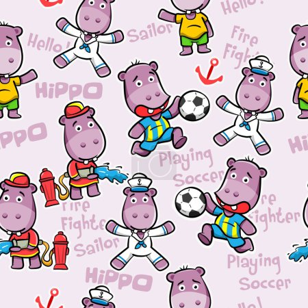Hippopotamus vector seamless pattern. Cute animal cartoon character wallpaper background