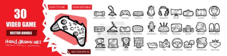Video game concept illustrations. Big Set of icon illustrations with doodle style. Flat design
