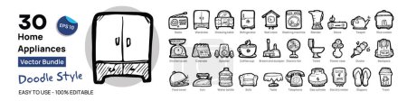 Illustrationen zum Haushaltsgerätekonzept. Großes Set an Icon-Illustrationen im Doodle-Stil. Flache Bauweise