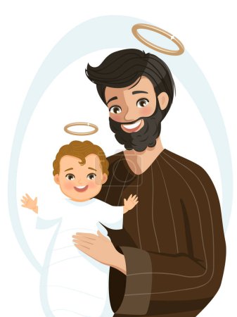 Der heilige Josef hält den neugeborenen Jesus lächelnd in der Hand. Vatertag. Geburt Christi