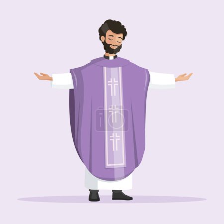 Illustration for Young priest with purple chasuble praying with outstretchead arms - Royalty Free Image