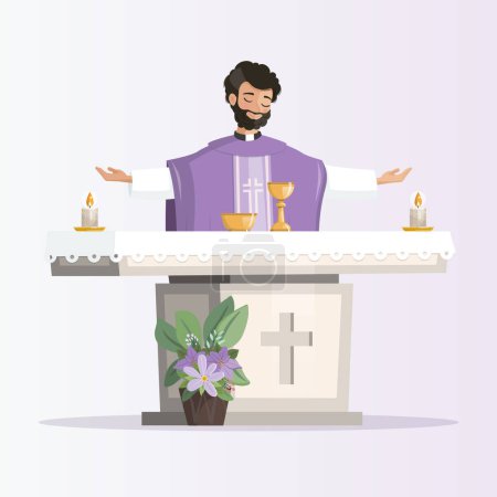Illustration for Priest behind the altar with purple chasuble celebrating the eucharist - Royalty Free Image