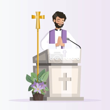 Illustration for Priest behind church lectern with purple stole preaching during the mass - Royalty Free Image