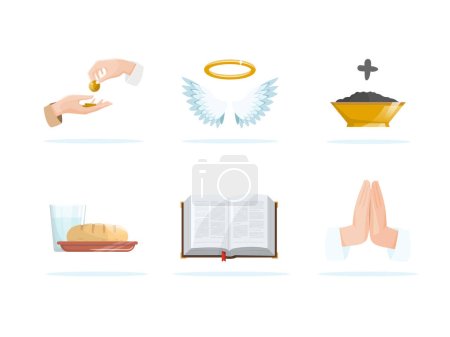 Ilustración de Conceptos de temporada de Cuaresma establecidos. Almsgiving, ángel, ceniza wednesday, ayuno, biblia santa y oración - Imagen libre de derechos