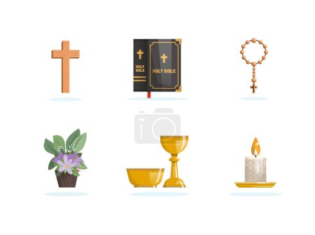 Téléchargez les illustrations : Ensemble d'objets religieux. Croix, bible, rossaire, plante, calice et bougie - en licence libre de droit