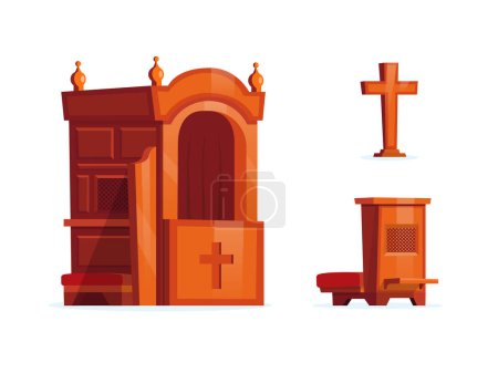 Illustration for Wooden church furniture set. Confessional, cross and kneeler - Royalty Free Image