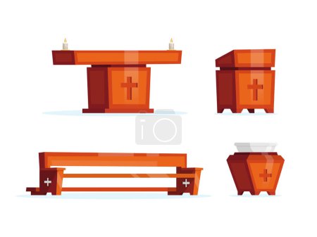 Ilustración de Conjunto de muebles de iglesia de madera. Altar, banco, atril y pila bautismal - Imagen libre de derechos