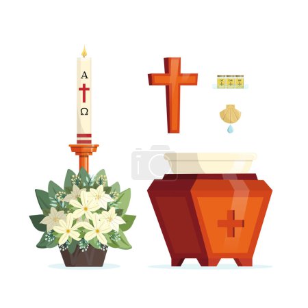 Illustration for Baptism sacrament. Baptismal font, cross, chrism oils, shell and a floral bouquet - Royalty Free Image