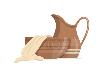 Illustration for Basin, towel and clay jug with handle. The washing of the feet symbols - Royalty Free Image