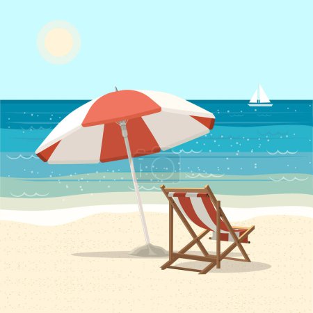 Ilustración de Paisaje de playa con una tumbona y sombrilla en la arena - Imagen libre de derechos