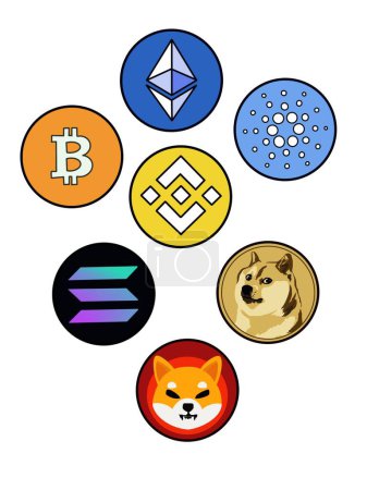 Photo for Token cryptocurrency icon sign payment symbol set. Digital online technology blockchain stock market. Currency logo crypto currencies Bitcoin, Ethereum, Cardano, Dogecoin, Shiba inu, Solana - Royalty Free Image