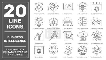 Illustration for Set of icons related to business Intelligence and business management, such as machine learning, data modeling, development, visualization, risk management, and more. Editable stroke. EPS 10 - Royalty Free Image