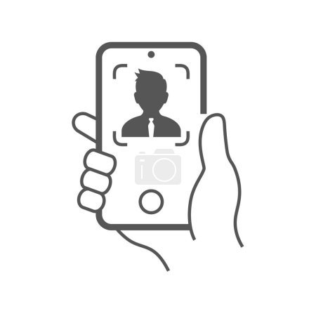 Ilustración de Mano humana sosteniendo teléfono inteligente tomar fotos para selfie línea arte icono vector ilustración - Imagen libre de derechos