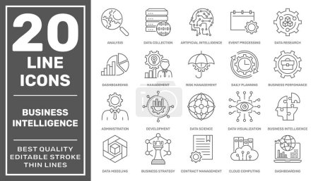Business Intelligence icons set. Machine learning, data modeling, visualization, risk management, strategy and etc. Business Intelligence vector icons. Editable stroke. EPS 10