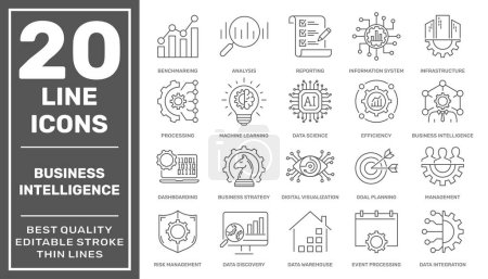 Business Intelligence icons set. Business intelligence tools such as strategy, deep learning, ai, analysis and etc. Editable Stroke. EPS 10
