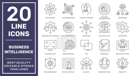 Illustration for Vector Set of Linear Icons Related to Business Intelligent, Trade Service, Investment Strategy and Finance Management. Editable Stroke. EPS 10. - Royalty Free Image