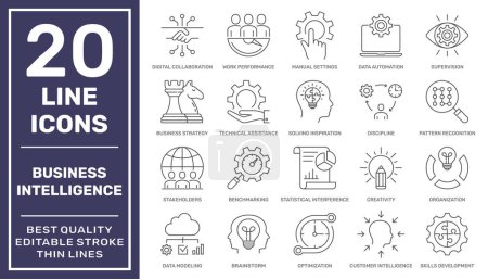 Illustration for Business Intelligence and Business Management outline icon set. Contains icons such as strategy, benchmark, brainstorm, data modeling, creativity, statistic and etc. Editable Stroke. EPS 10. - Royalty Free Image