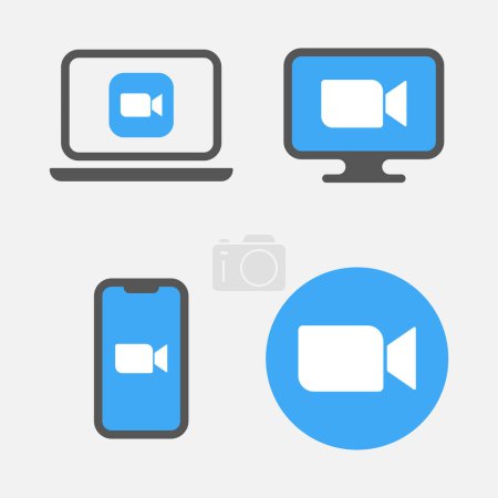 Illustration for Blue camera icons - Live media streaming application for the phone, conference video calls. EPS 10. - Royalty Free Image