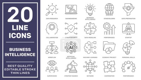 Illustration for Business Intelligence related icons set. Business intelligence tools. Editable Stroke. EPS 10. - Royalty Free Image