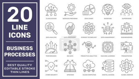 Illustration for Business processes and tools. Business Intelligence and Management icons. Minimal thin line web icon set. Outline icons collection. Simple vector illustration. Editable Stroke. EPS 10. - Royalty Free Image