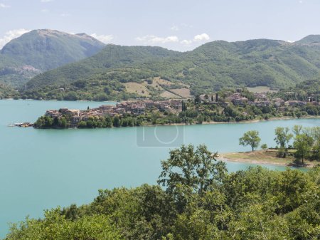 Photo for Overview of Lake Turano and the village of Colle di Tora, in the province of Rieti in Lazio, Italy - Royalty Free Image