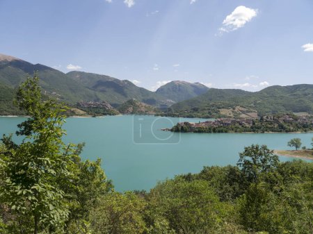 Photo for Panoramic view of Lake Turano with its two villages overlooking the coast, Rieti, Lazio, Italy. - Royalty Free Image