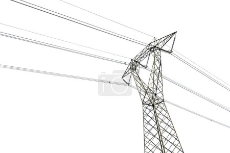 Foto de Fotografía de una torre de alto voltaje, línea eléctrica con cables eléctricos y aislantes. Aislado sobre fondo blanco. - Imagen libre de derechos