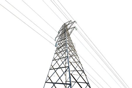 Foto de Fotografía de una torre de alto voltaje, línea eléctrica con cables eléctricos y aislantes. Aislado sobre fondo blanco. - Imagen libre de derechos
