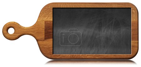 Photo for Close-up of an old wooden cutting board with a blank chalkboard inside isolated on white background with reflections, photography. Template for recipes or food and drink menu. - Royalty Free Image