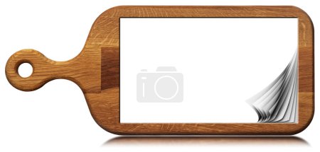 Photo for Old cutting board with empty white curled pages, isolated on white background with copy space. Template for recipes or food and drink menu. - Royalty Free Image