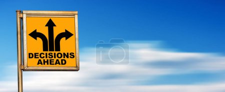 Photo for Closeup of a decisions ahead road sign (orange background and black arrows) against a blurred clear sky with clouds and copy space. - Royalty Free Image