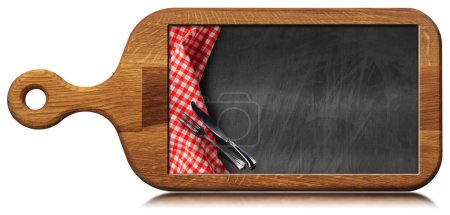 Photo for Wooden cutting board with a blank chalkboard inside, red and white checkered tablecloth and silver cutlery (fork and knife). Template for recipes or food and drink menu. Isolated on white background. - Royalty Free Image